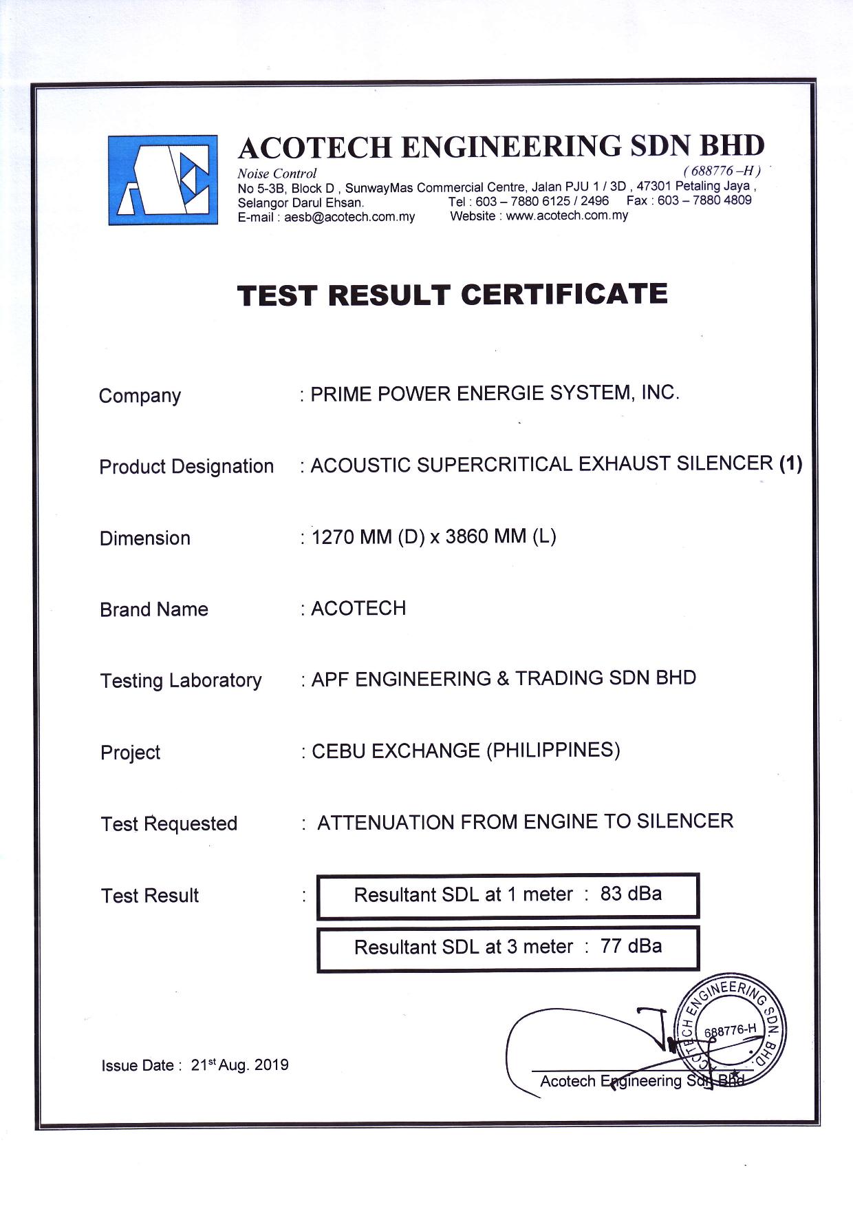 Test Result Certificate - Acoustic Supercritical Exhaust Silencer