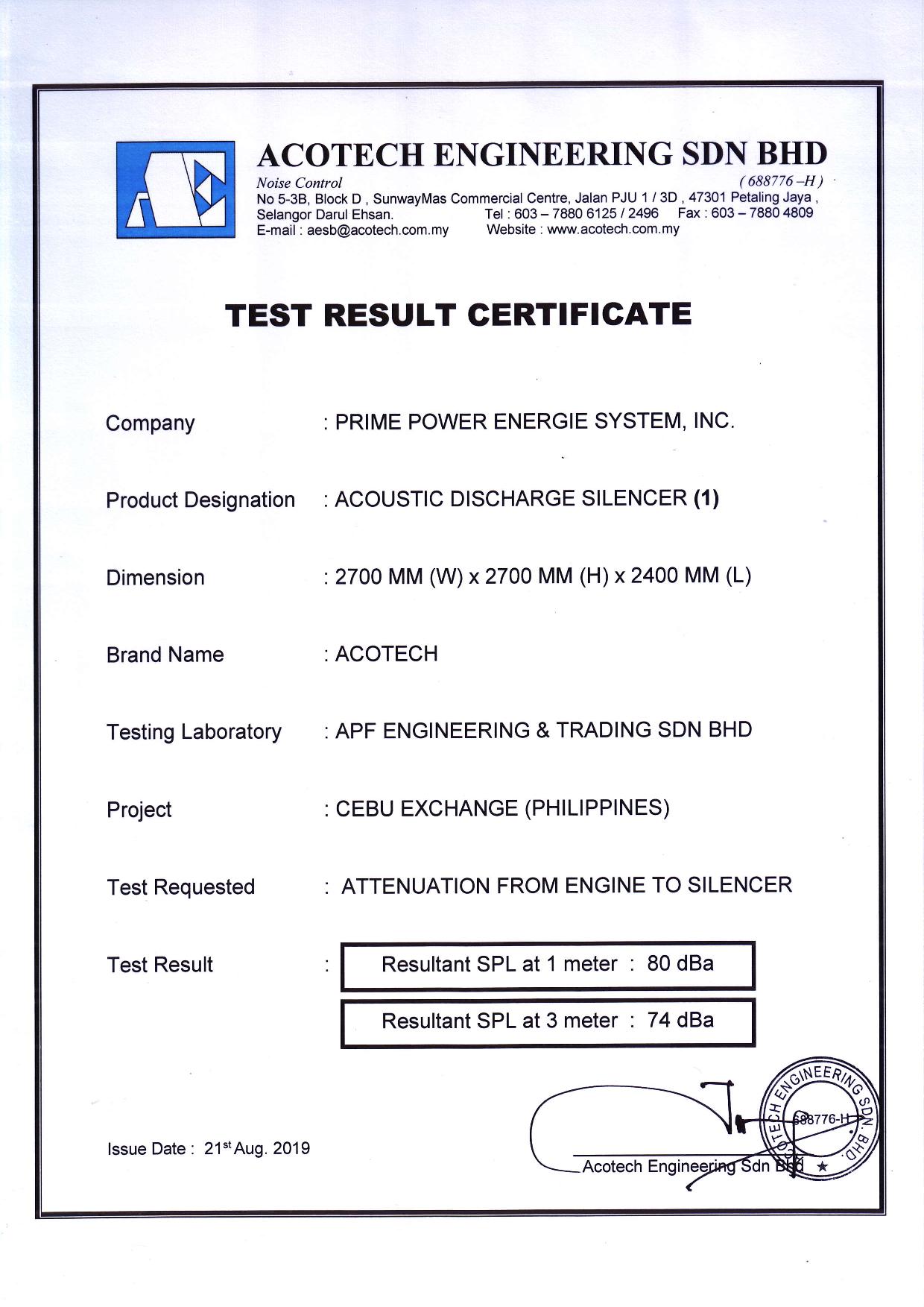 Test Result Certificate - Acoustic Silencer